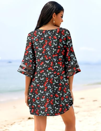 Women's V-Neck Beach Swimsuit Cover Up with 3/4 Bell Sleeves