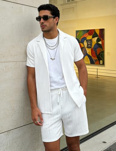 UOUA Men's Summer 2-Piece Short Sleeve Shirt & Shorts Set - Cubawhite, Large