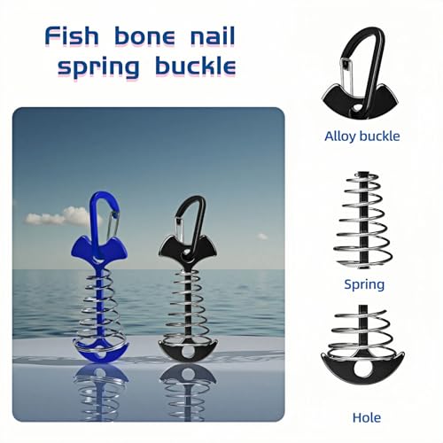 Fishbone Deck Tent Anchors with Carabiner - Adjustable Aluminum - Blue & Black