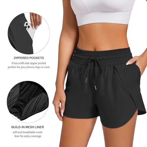 High Waisted Running Shorts for Women - Quick Dry, Liner, Zipper Pocket - Small, Black