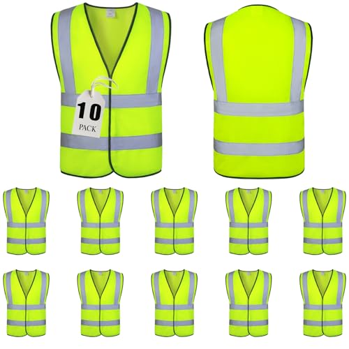 NOBONDO High Visibility Reflective Safety Vests 10 Pack - 360 Enhanced Visibility with Hi Vis Reflective Strips - Yellow Breathable Mesh, Bulk Pack for Construction, Traffic, Running, Security