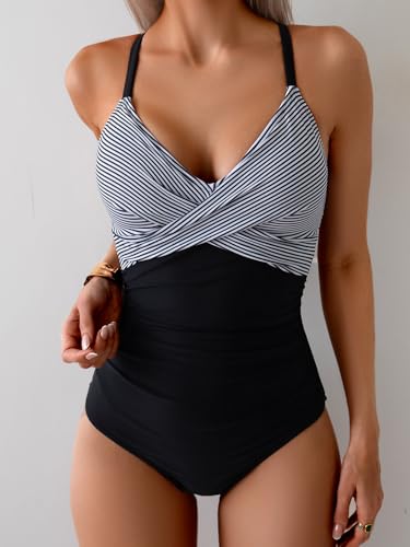 Women's Black Stripe One-Piece Swimsuit with Tummy Control - Large