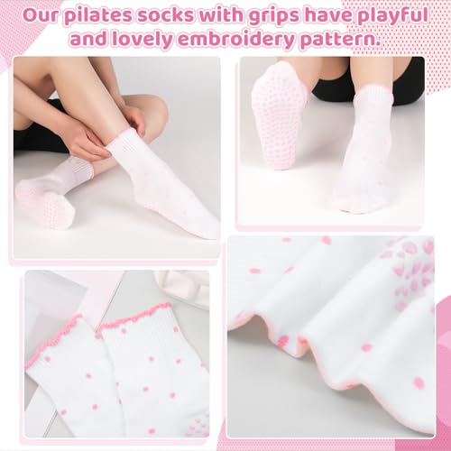 Soxitoevy Women's Pilates Grip Socks with Ruffles, 6-Pack, Red Pink Black Gray