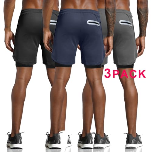 Leidowei Men's 2-in-1 Workout Shorts 7" Length with Zipper Pockets, 3-Pack, Medium, Black/Dark Grey/Dark Blue