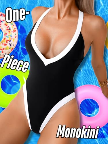 ChiaoLezhee Color Block Swimsuit Black White Medium - Plunge V Neck, High Cut, Backless for Pool & Vacation