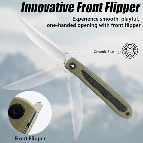 FLISSA Green Pocket Folding Knife with Quick Open Front Flipper, D2 Steel & Carbon G10 Handle