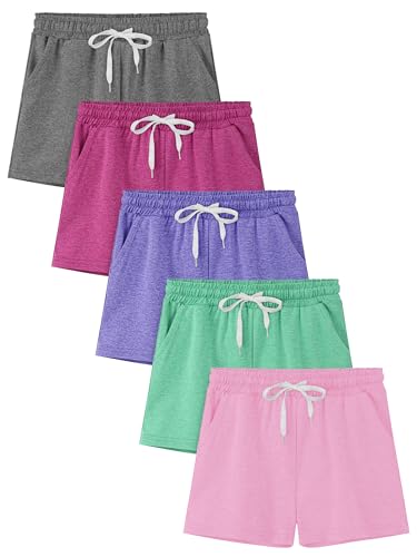 Girls Athletic Shorts - 5 Pack Dry-Fit Performance with Pockets - Hot Pink, Lavender, Green, Dark Grey, Light Pink - 10-12 Years