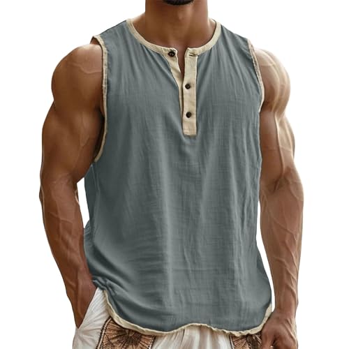Cotton Linen Workout Tank Top - Sleeveless Gym Henley Shirt - Gray, 3X-Large