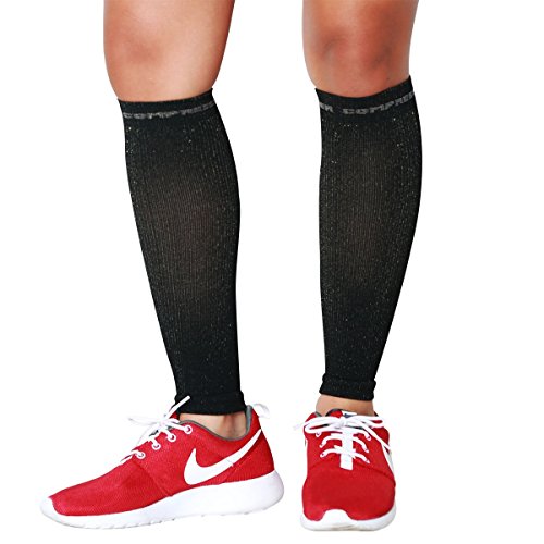 Compression Calf Sleeves for Runners - Black with Copper Yarn - Large/X-Large