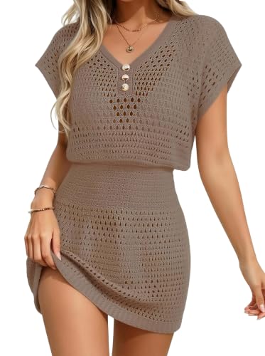 Womens Crochet Cover Up Swimsuit Mini Dress - A-Khaki, Medium