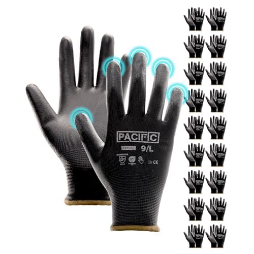 PACIFIC PPE 18 Pairs Work Gloves, PU Coated Seamless Knit Gloves, Touchscreen Safety Gloves with Grip, Ideal for General Duty Work, Men and Women, Black, Large