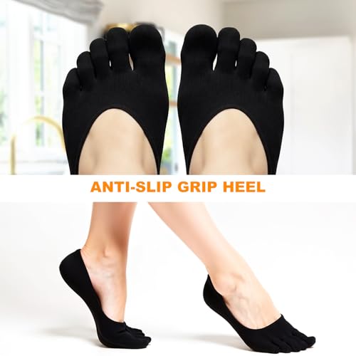 No Show Toe Socks for Women & Men - 4 Pairs Five Finger Separator - Black