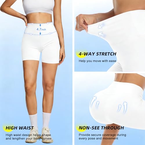 High Waisted Biker Shorts for Women - 5" Tummy Control - Small-Medium White