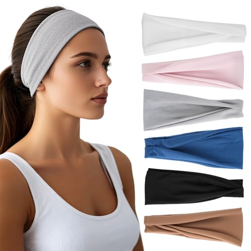 Wide Elastic Headbands for Women - 6 Pack Soft Sweatbands