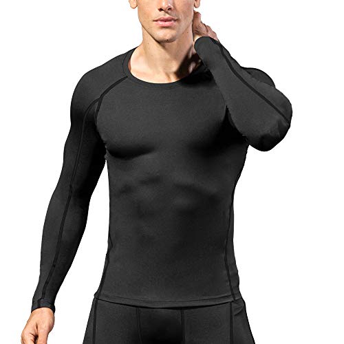 Men's Long Sleeve Compression Shirt - Quick Dry Base Layer - Large/Black