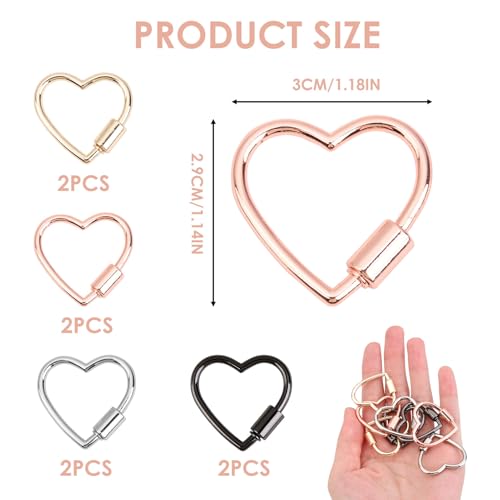 Multi-Color Heart Carabiner Keychain Clips - 8 Pcs Set