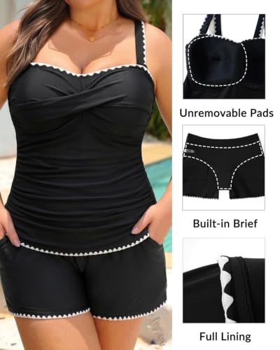 Plus Size Tankini with Pockets and Tummy Control - Strapless Swimsuit with Shorts, Aqua Eve, Black/White, 20 Plus