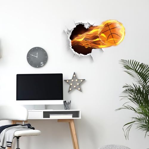 Wall Art 3D Basketball Wall Sticker, Removable Cracked Wall Decor Murals, Flying Fire Basketball Peel and Stick Wall Decals for Basketball Fans Men Boys Kids Playroom Bedroom Sports Hall