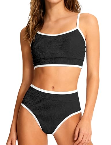Girls Two-Piece Scoop Neck Bikini Set - High Waist, Adjustable Straps, Black + White, 15-16 Years