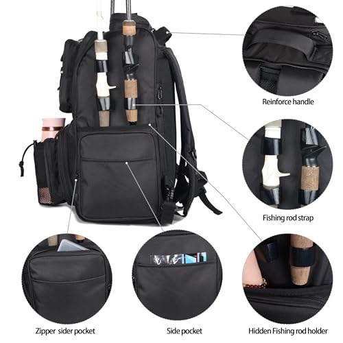 LEOMOO 40L Fishing Tackle Backpack with Rod Holders, Large Camping & Hiking Storage, Black - 4 Tackle Boxes Not Included