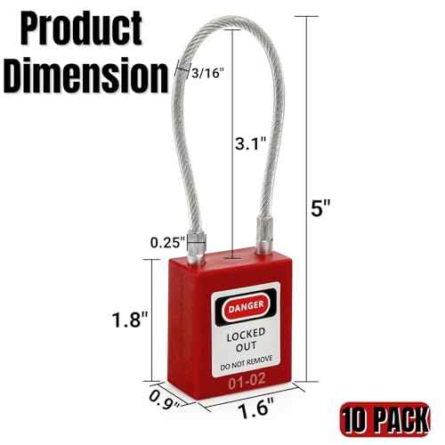 10 Pack Lockout Tagout Locks, Steel Cable Compact Loto Safe Padlock Set, Red Keyed Lock with 20 Keys, Different Numbers Safety Locks for Electrical Stations and Devices Kits