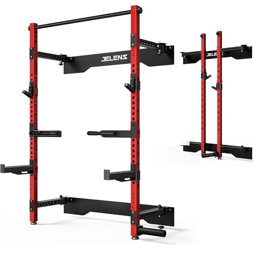 Folding Squat Rack - Wall Mounted Power Cage - Red