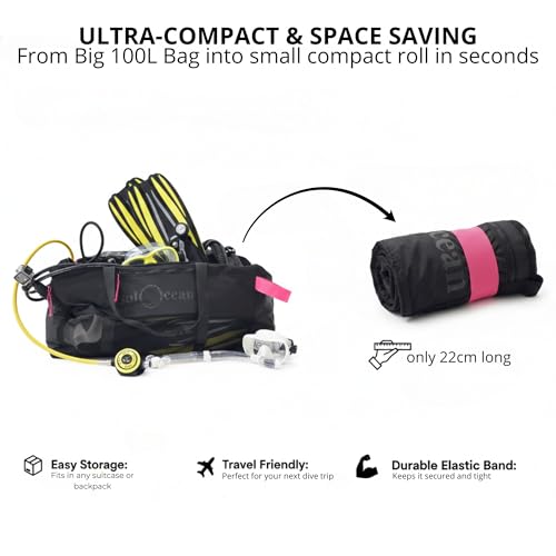 SolOcean Black Mesh Dive Bag 100L Packable Waterproof Duffel for Water Sports
