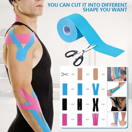 Waterproof Kinesiology Tape - 4 Rolls for Muscle Pain Relief - Black, Skin, Pink, Light Blue