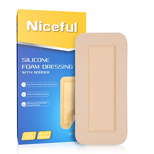 Niceful Silicone Foam Wound Dressings 4x8 inch - 10 Pack, Large Sterile Bandages for Wound & Bed Sore Care