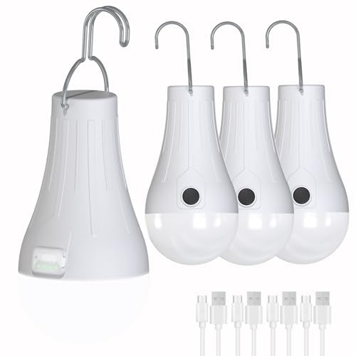 Rechargeable Camping Light Bulbs - Hanging LED Tent Lights with Auto On/Off Mode, 3 Brightness Levels, USB Rechargeable for Home Emergency, Camping, Hiking, Hurricane (4-Pack)
