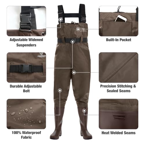 FISHINGSIR Waterproof Chest Waders for Men & Women with Boots - Brown, M10/W12