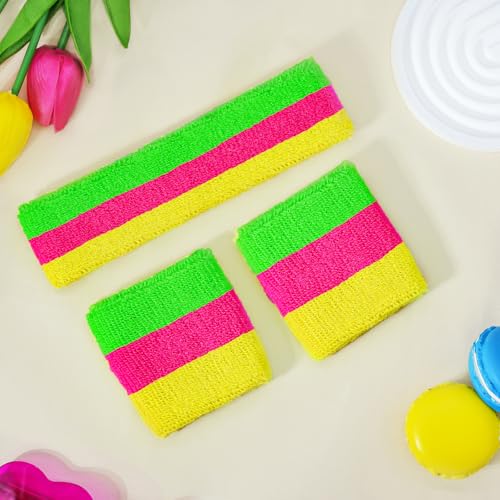 Ronglry 80s Neon Sweatbands Set with Color Mixing - Women's Sports Headband & Wristband for Glow Parties Halloween