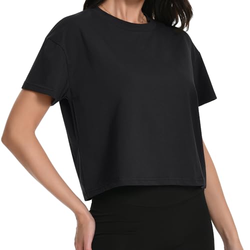 Auriviz Women's Large Black Oversized Cotton Crop Top T-Shirt for Workout