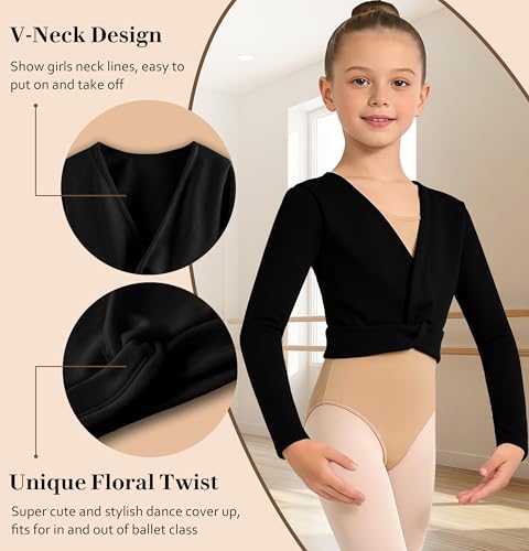 Girls Ballet Wrap Top Long Sleeve Dance Sweater Toddler 5-6 Years Black DANSHOW