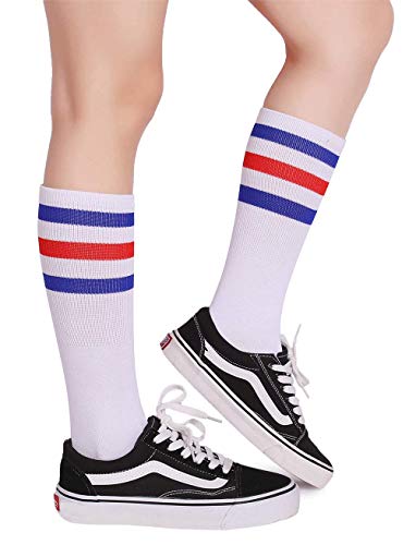 Classic Triple Stripes Soft Cotton Retro Tube Socks - Blue/Red/White