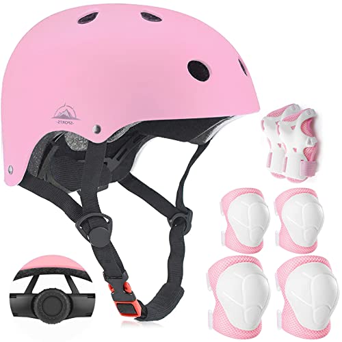 Adjustable Kids Helmet with Knee, Elbow & Wrist Pads - Pink, Small (3-8 Years)