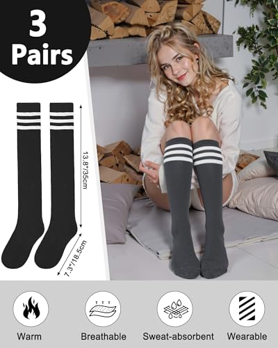 Knee High Cotton Socks for Women - 3 Pairs Dark Grey, White, Black