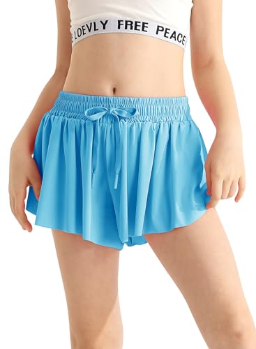 Flowy Athletic Shorts with Pocket & Drawstring - 2 in 1 Butterfly Skirts for Girls 12-13 Years - Lakeblue