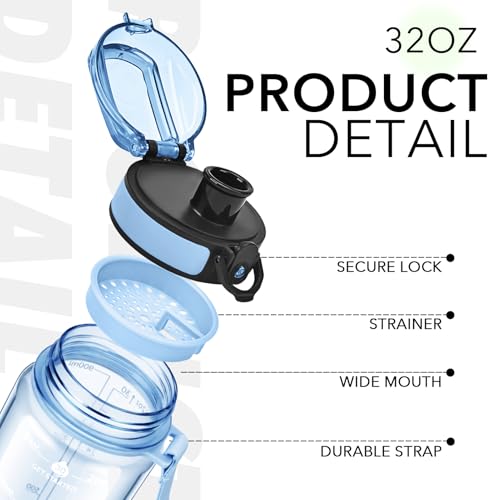 Alwager 32oz Water Bottle with Time Marker, Clear with Strap – BPA-Free Leak-Proof