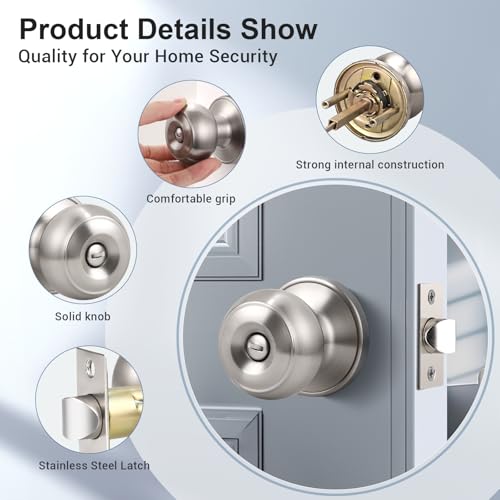 KNOBWELL 6 Pack Privacy Door Knob with Lock in Brushed Nickel Finish for Bedroom and Bathroom, Indoor Security Door Handle with Privacy Lock, Satin Nickel Interior Door Knobs