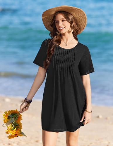Short Sleeve Swimsuit Cover-Up Dress with Pockets - Black, X-Large