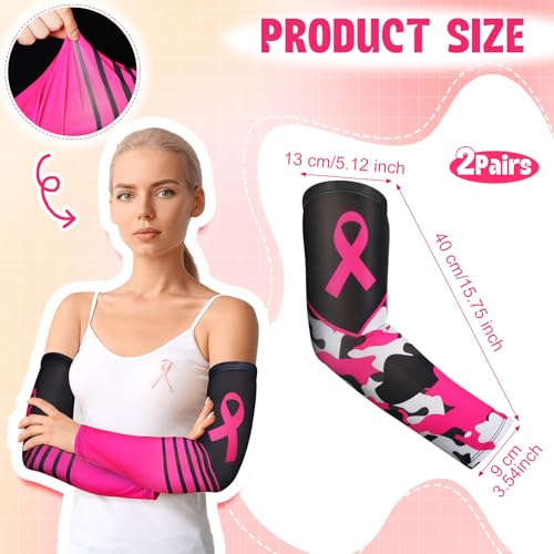 Breast Cancer Awareness Arm Sleeves - 2 Pairs Pink Ribbon