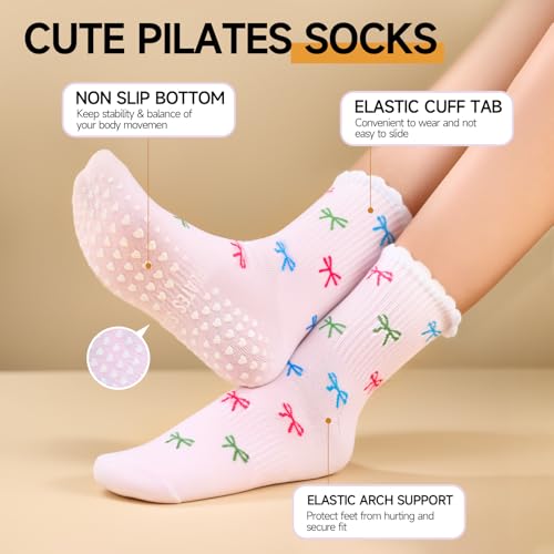 Pilates Grip Socks for Women - Non-Slip Cotton Yoga Socks - 6 Pairs Pink+Blue+Yellow