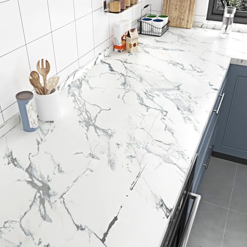 White Silver Marble Contact Paper for Countertops Matte Grey Marble Wallpaper Peel and Stick Self Adhesive Countertop Contact Paper Waterproof for Cabinets Kitchen Walls Desk Wrap 15.7"¡¿78.7"