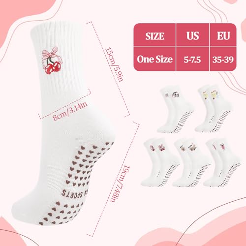 Pilates Socks with Grips for Women - Cute Ruffled - White Embroidery