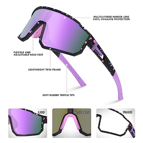 Youth Baseball Sunglasses Kids Polarized Sports UV400 Protection Black Frame Purple Lens
