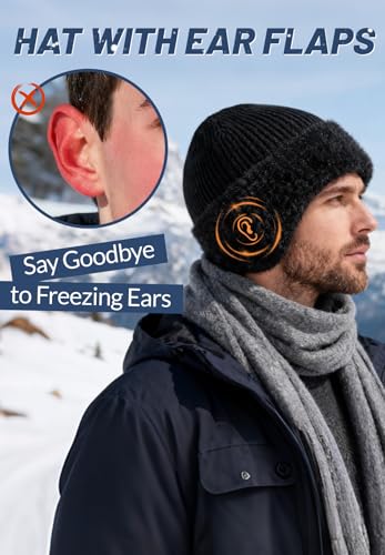 Mens Winter Hat with Ear Flaps - Thermal Beanie, One Size Black