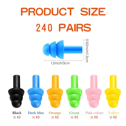 240Pairs Silicone Ear Plugs Earplugs for Sleeping Noise Cancelling,for Sleeping Noise Swimming Hearing Protection Earplugs Shooting Construction Hunting Music Concerts(Color Mixing,reusable)