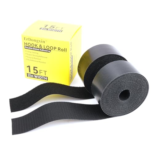 Black Heavy Duty Double-Sided Hook and Loop Tape 2in x 15ft - Self Adhesive Fastener Roll, Cuttable for Home, Office, Car, DIY