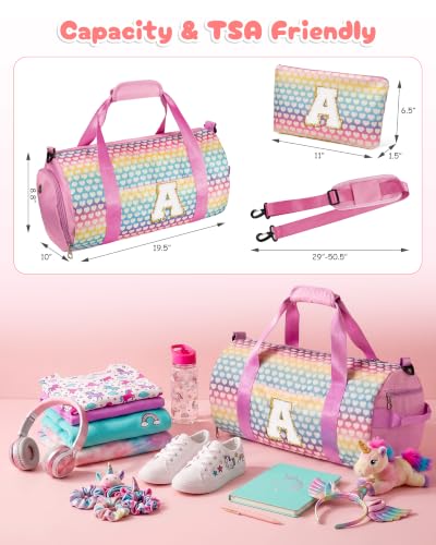 Rainbow Pink Kids Weekender Bag Set for Girls - Personalized Birthday Gift, Dance & Travel Duffle & Makeup Pouch - Vogewood